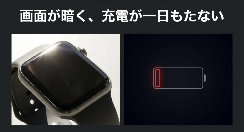 画面が暗くなり充電が1日も持たなくなったスマートウォッチのバッテリー劣化イメージ