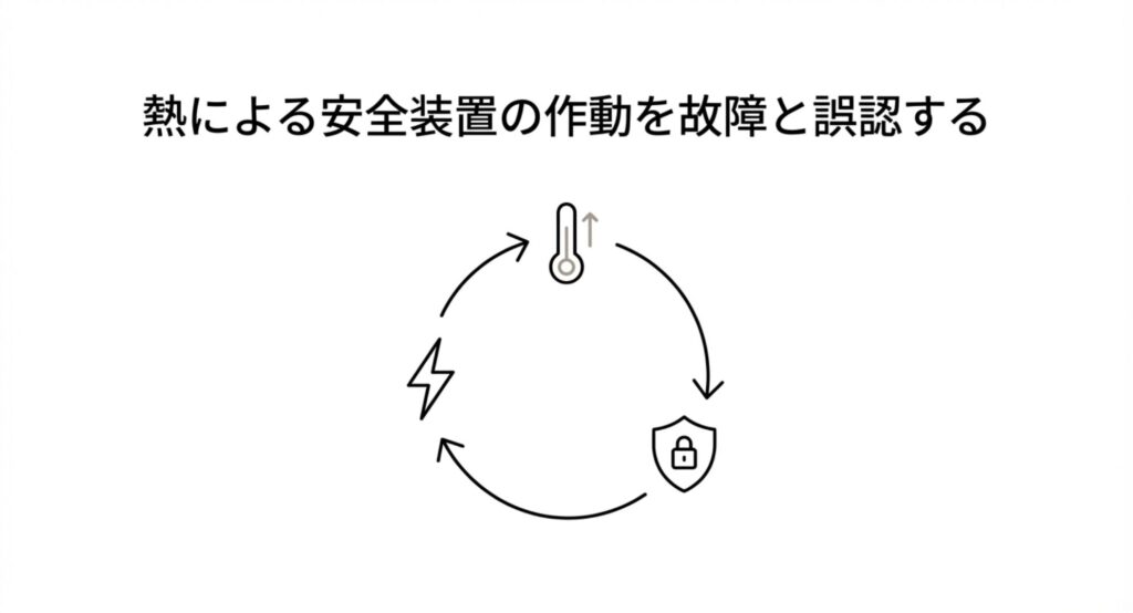 充電器の発熱によって安全装置が作動する仕組みを故障と誤認してしまうケースの図解