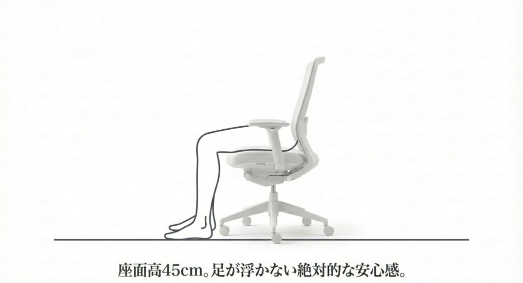座面高45cmの低床設計により、日本人の体型でも足裏がしっかり接地し、圧迫感がないことを説明する画像