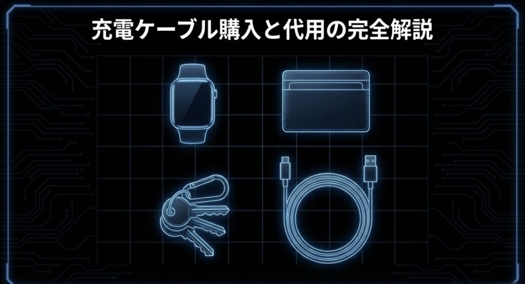 オンラインでのガーミン充電ケーブルの確実な購入方法と、予備の代用術について解説するスライド