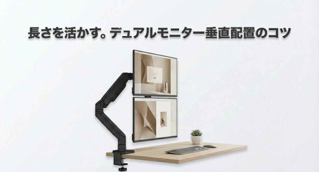 EastForceのロングアームを活用してデュアルモニターを縦に並べたデスク環境の例