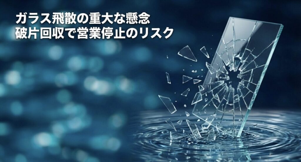 プール内で画面のガラスが飛散した場合、破片回収や営業停止の重大なリスクがあることを示すスライド