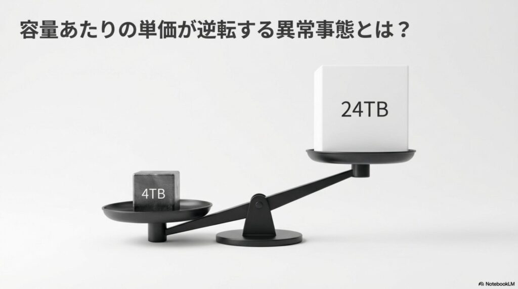 4TBと24TBのHDDが天秤に乗せられ容量あたりの単価が逆転している状態