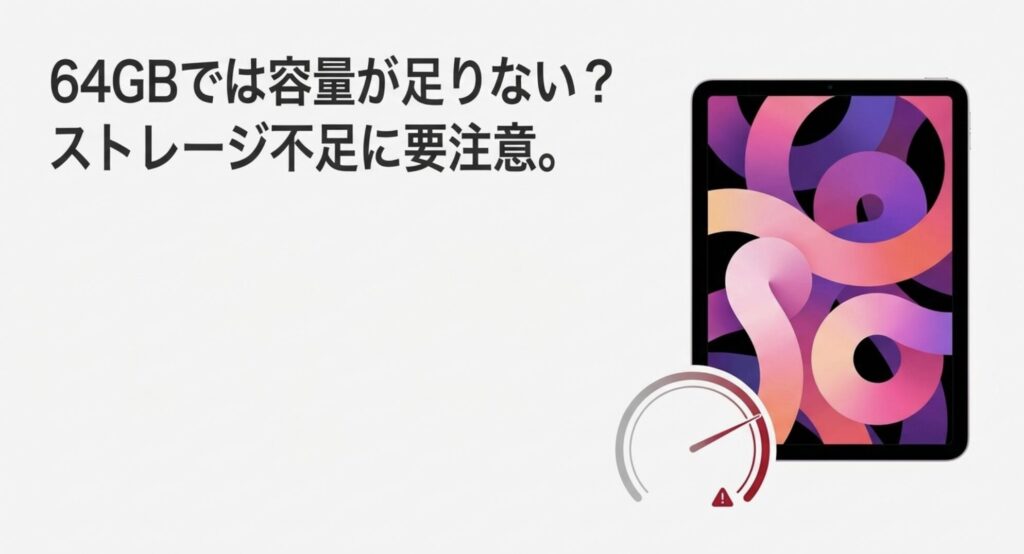 iPad Airのストレージ容量不足による速度低下のリスクを示す警告イメージ
