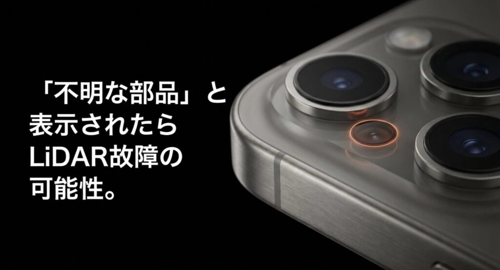 iPhoneの設定画面に「不明な部品」と表示された場合、LiDARスキャナが故障している可能性を指摘する解説スライド