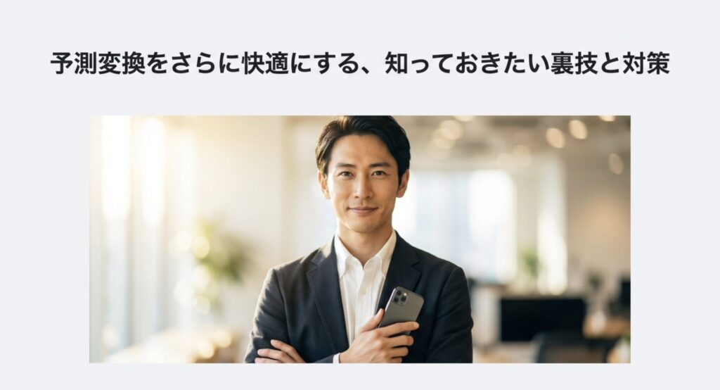 iPhoneの予測変換を快適にする裏技を知って笑顔のビジネスマン