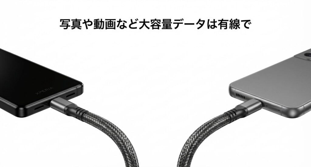 スマホ同士をUSB-Cケーブルで繋ぎ、大容量データを高速で転送するイメージ