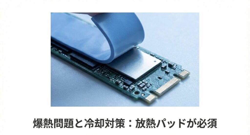 M.2 SSDに青い放熱パッドを貼り付けている様子