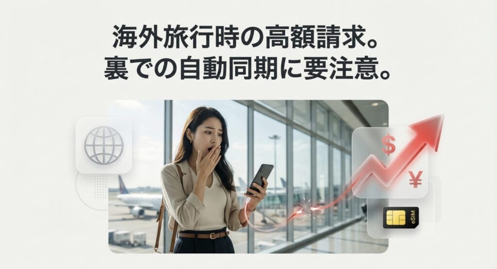 海外旅行時に裏での自動同期が原因で通信費用の高額請求が発生し驚く女性の画像