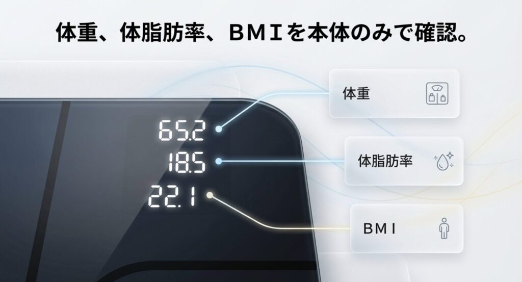 体重、体脂肪率、BMIが本体のディスプレイのみで確認できる機能