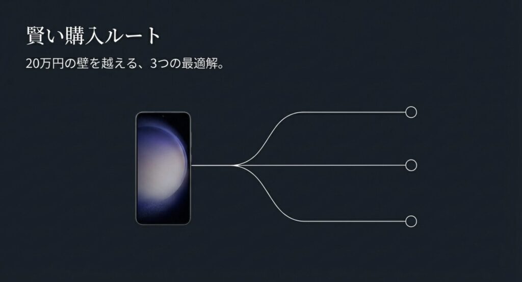 スマートフォンから3つのルートに分岐するイラスト。賢い購入ルートの選択肢を表現。