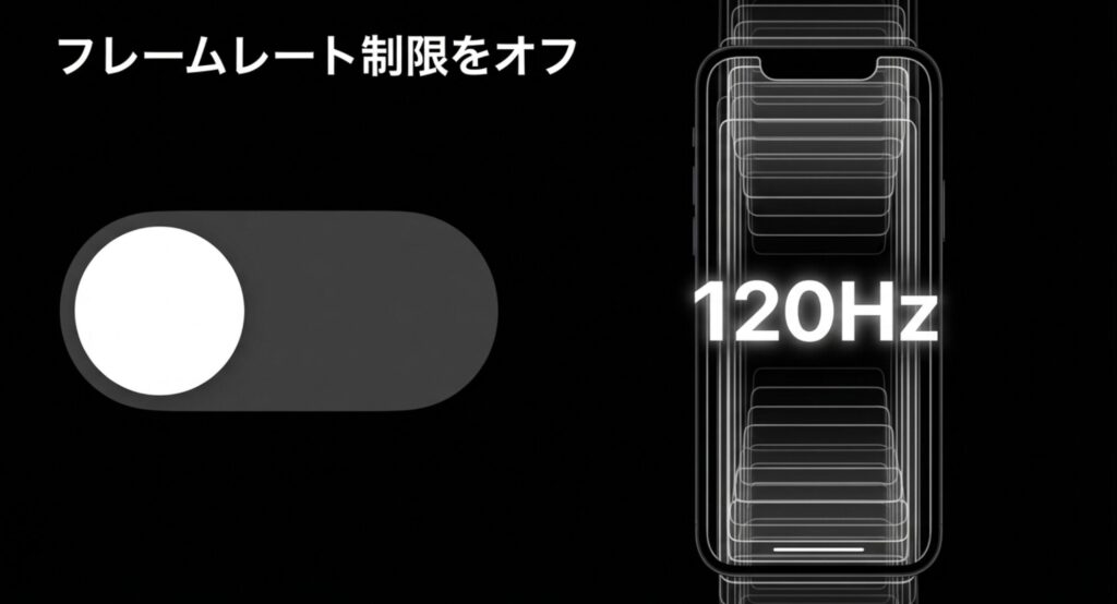 ProMotionの120Hz駆動を活かすためにフレームレート制限をオフにする設定画面のスライド