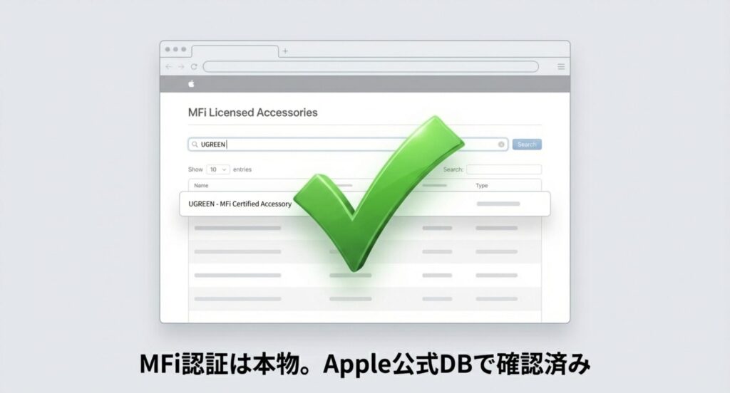Apple公式のMFi Licensed AccessoriesデータベースでUGREENが正規認定されていることを示す画面