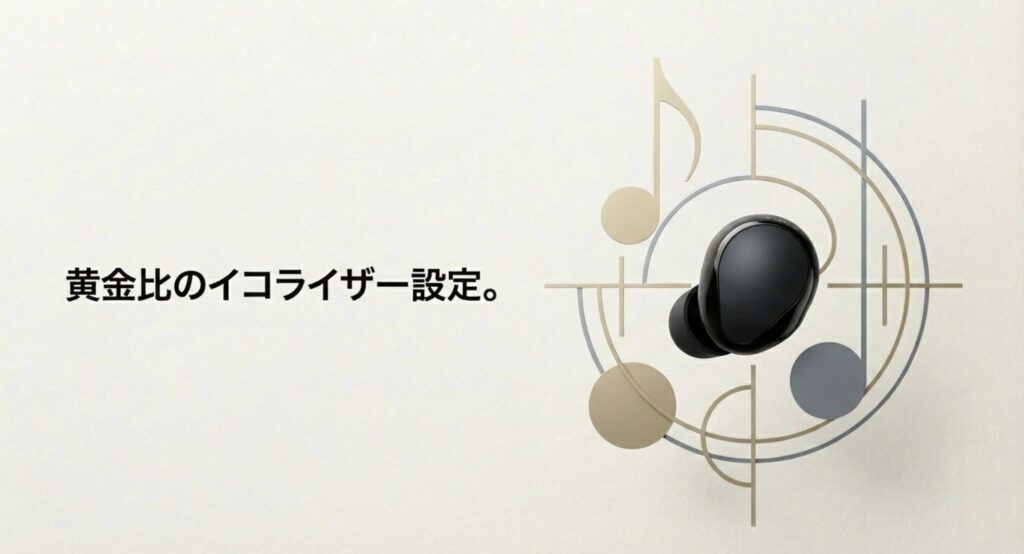 WF-1000XM5のイヤホン本体と、音の調和を象徴する黄金比の幾何学模様および音符のアイコン