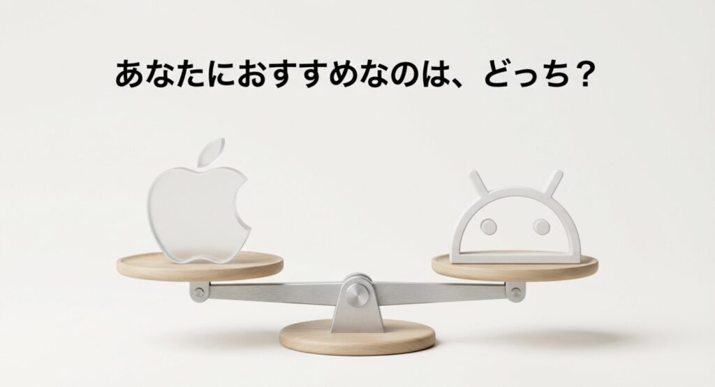 世代やライフスタイルに合わせてAndroidとiPhoneのどちらを選ぶべきか結論を提示するイメージ