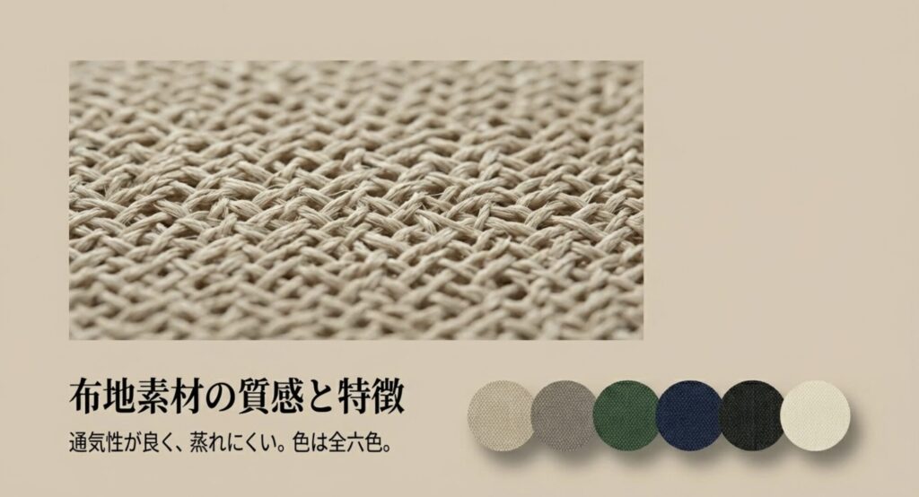 通気性が良く蒸れにくいフリーダムチェアの布地素材の網目と、全6色のカラーバリエーション
