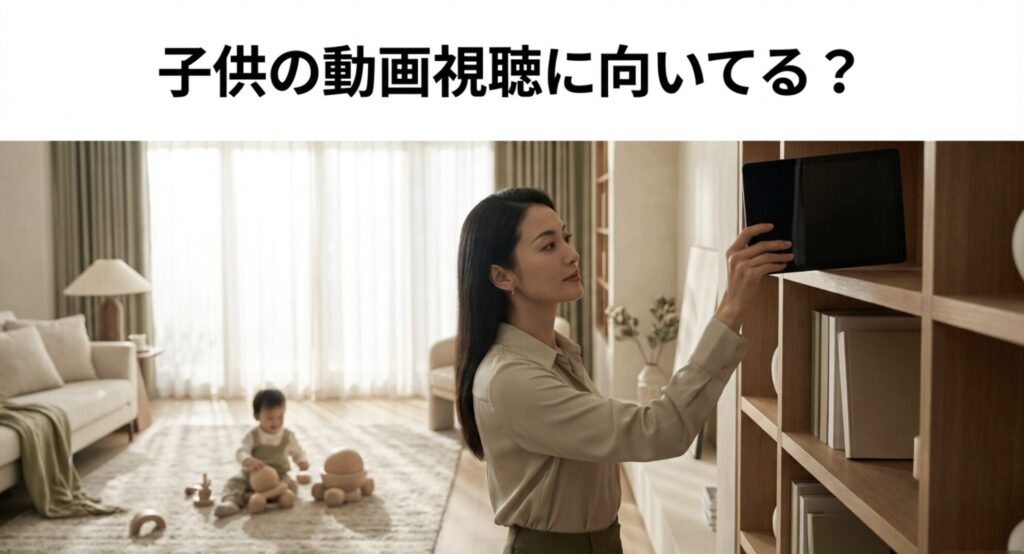 タブレットを棚にしまう母親と部屋で遊ぶ赤ちゃん