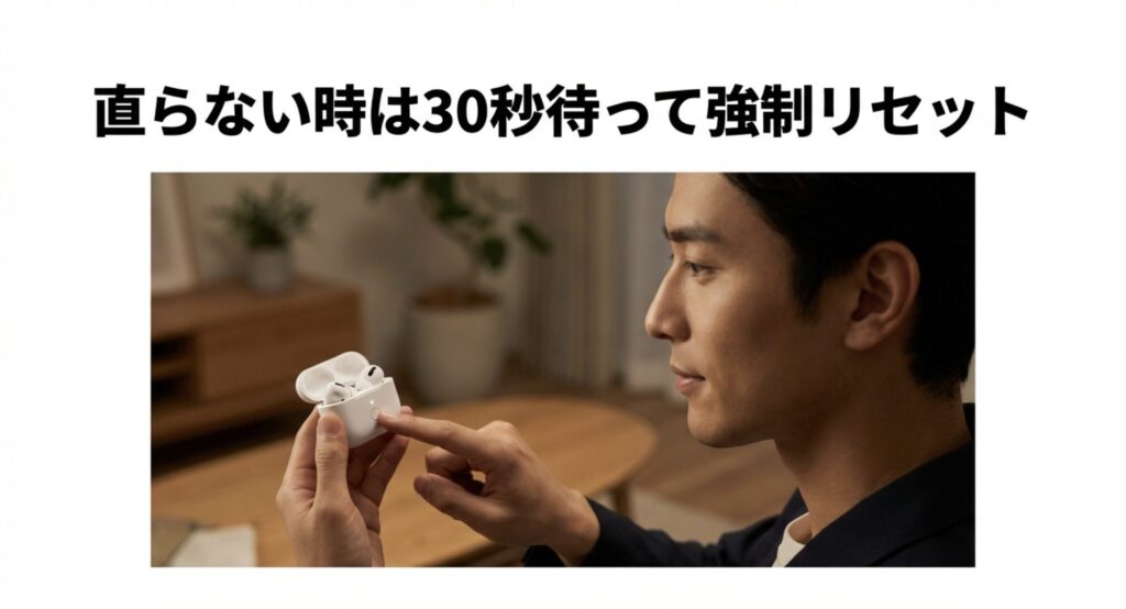 AirPodsのケースのボタンを押してリセットする男性と、直らない時は30秒待って強制リセットというテキスト