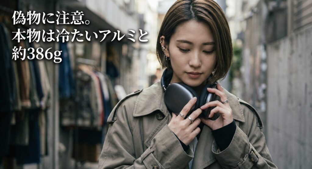 AirPods Maxの本物を見分ける特徴として、冷たいアルミ素材と約386gの重量を説明するスライド。