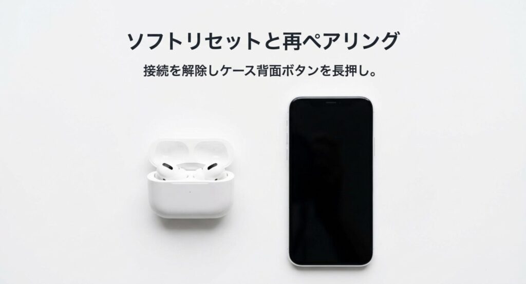 AirPods Proのザーザー音を直すためのソフトリセットと再ペアリング手順のスライド画像
