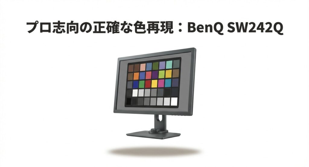 カラーチェッカーが画面に表示されたプロ向けモニターBenQ SW242Qの画像