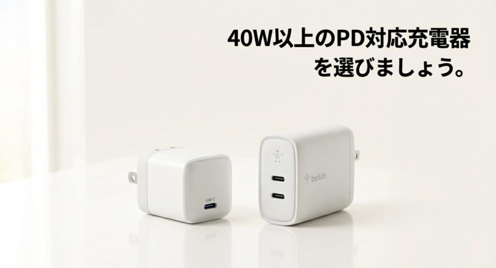 低速充電を解除するため、40W以上のPD対応USB-C充電器を選ぶことを推奨するスライド