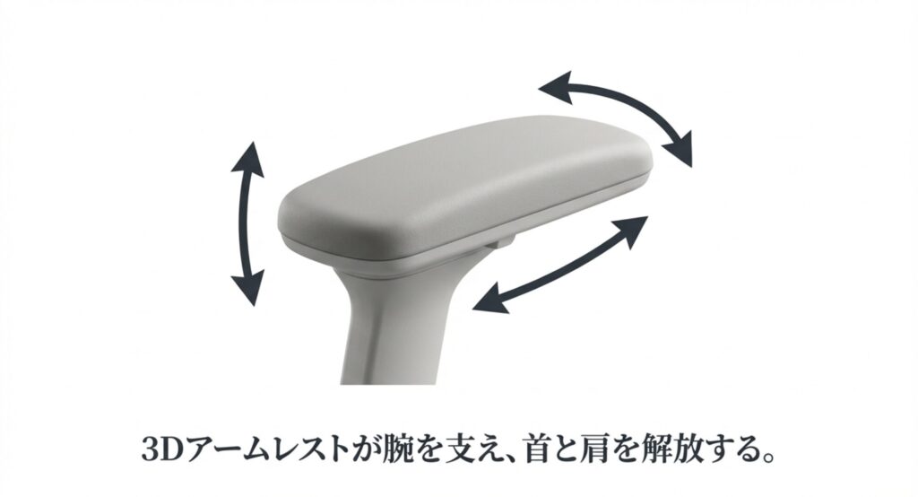 高さ・前後・角度が自由に調整でき、タイピング時の腕を最適にサポートする3Dアームレストの機能説明スライド
