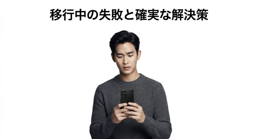 スマホのデータ移行中に起こりがちなエラーや失敗と、その確実な解決策のイメージ