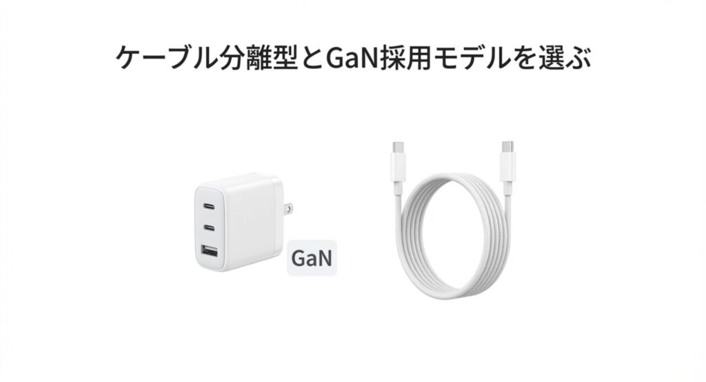 充電器を長持ちさせる対策として、ケーブル分離型とGaN(窒化ガリウム)採用モデルを選ぶことを推奨する画像