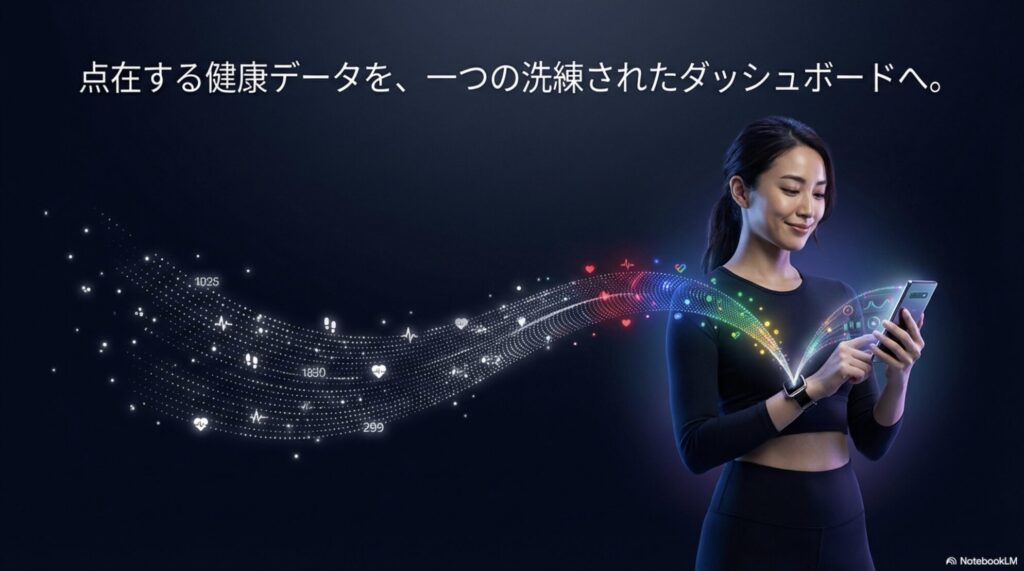 連携した健康データをスマートフォンの一つのダッシュボードで一元管理して確認する女性の画像