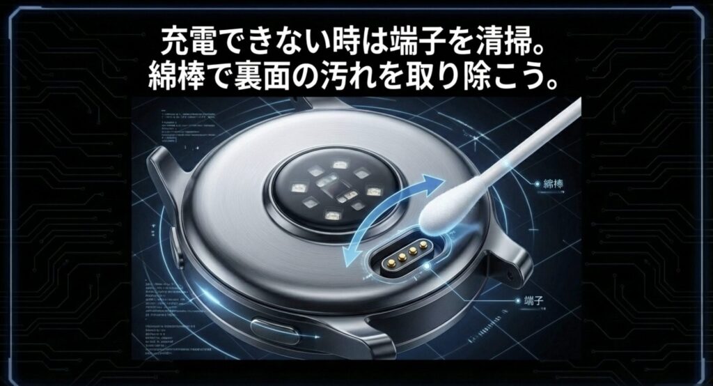 ガーミンが充電できない時は、綿棒を使って時計裏面の端子の汚れを取り除くことを推奨するスライド