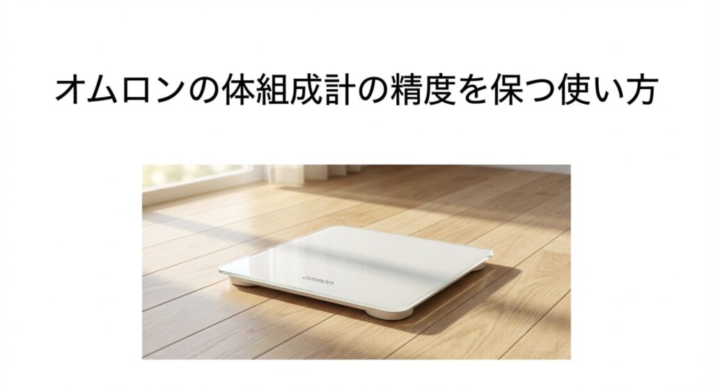 フローリングに置かれたオムロンの白い体組成計の画像