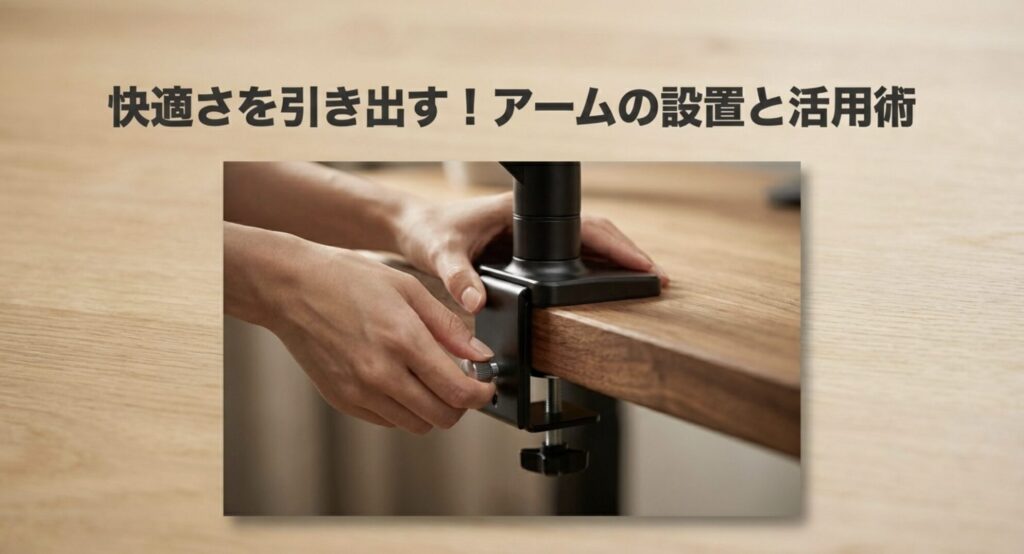 モニターアームの土台部分をデスクの天板にクランプで固定している手元の様子