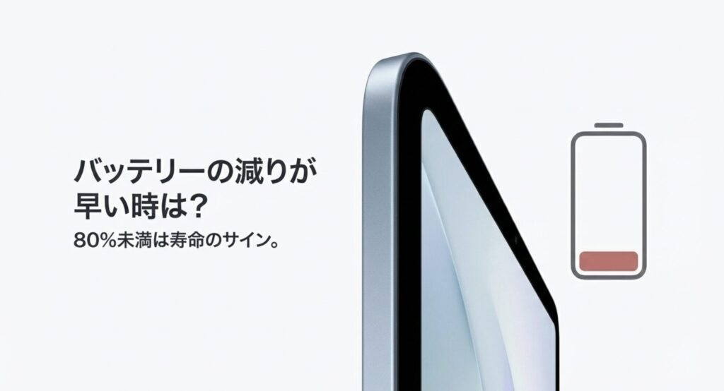 iPad Airのバッテリー残量低下を示すアイコンと、バッテリー寿命のサインの解説