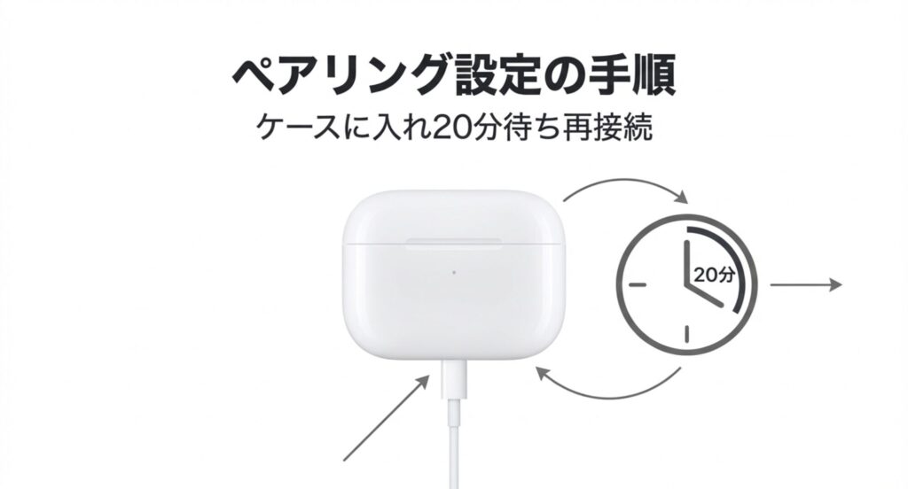 AirPods Proをケースに入れて20分待機するペアリング手順の図解