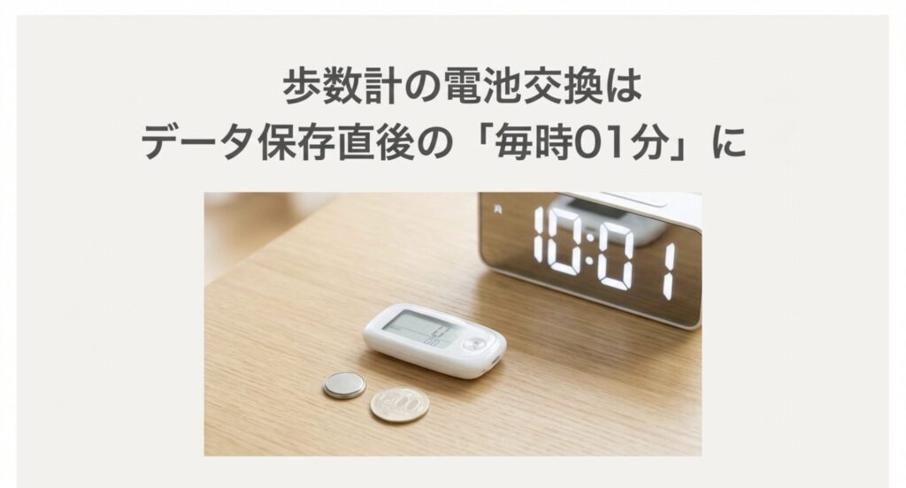 歩数計の電池交換に適した毎時01分を示すデジタル時計とボタン電池