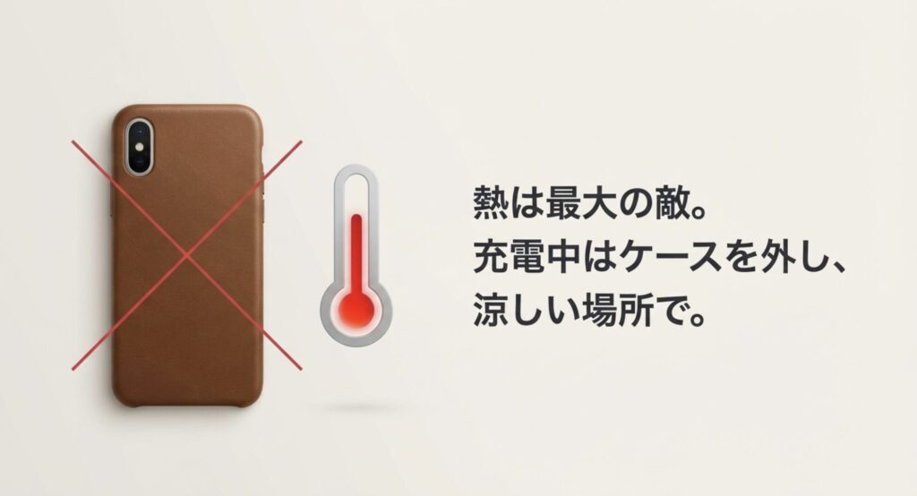 赤いバツ印がつけられた手帳型のiPhoneケースと、高温状態を示す赤い温度計のアイコン