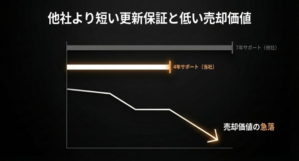 他社の7年サポートに対して当社の4年サポートと、売却価値が急落するグラフを示した比較画像