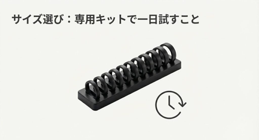 様々な号数のリングが並んだ専用のサイジングキット。1日を通して指の太さを確認することを推奨する時計のアイコン付きの画像。