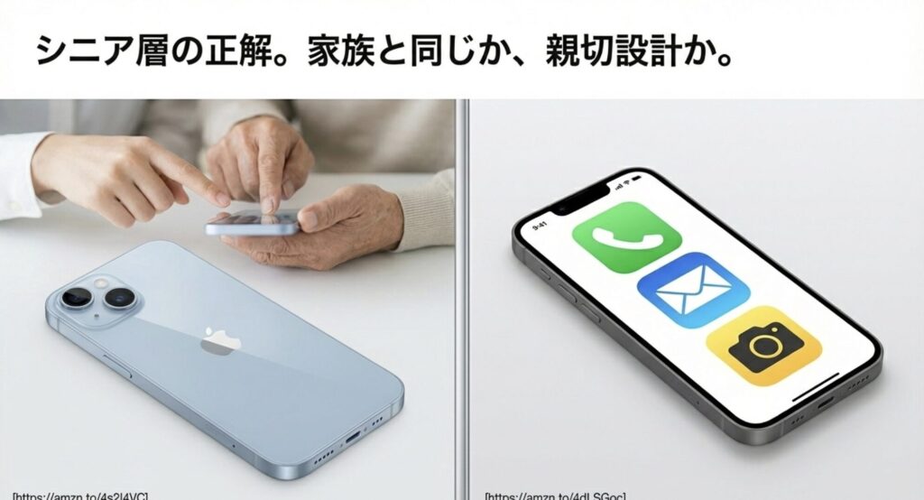 シニア層が使いやすいスマートフォンの選び方を解説する、操作中の手元と大きなアイコン画面のイメージ