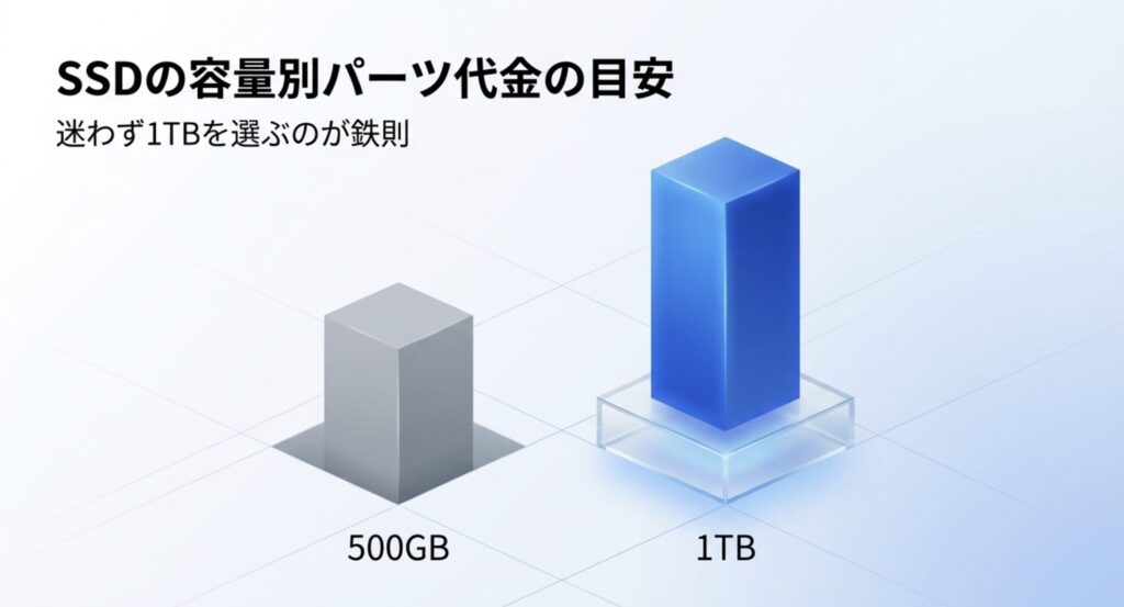 SSDの容量別パーツ代金として1TBを選ぶのが鉄則であることを示すスライド