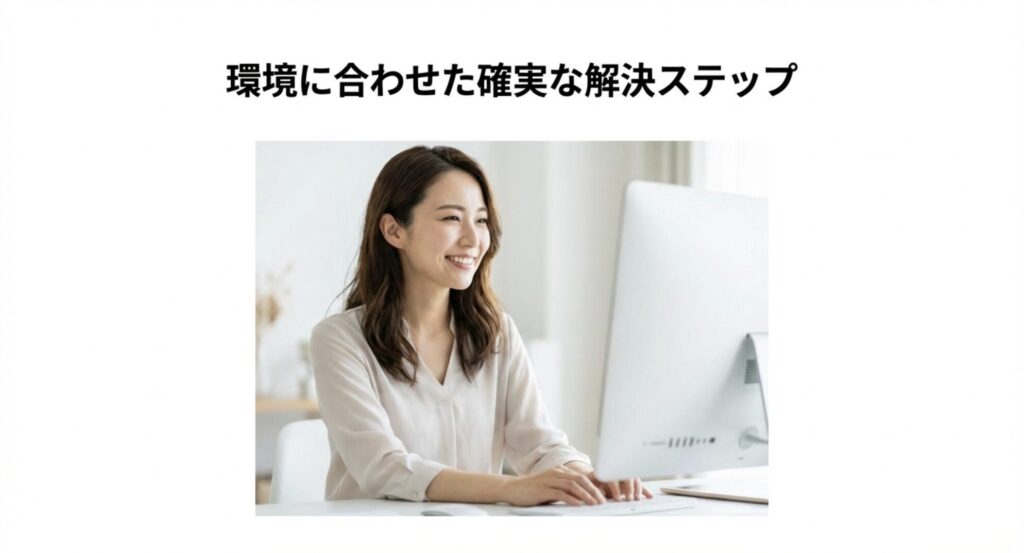 PC環境に合わせた確実な解決ステップを実行し笑顔でパソコンに向かって作業する女性のイメージ