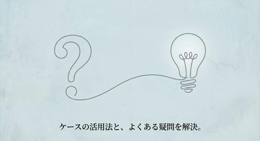 ケースの活用法とよくある疑問を解決することを示すはてなマークと電球のイラスト
