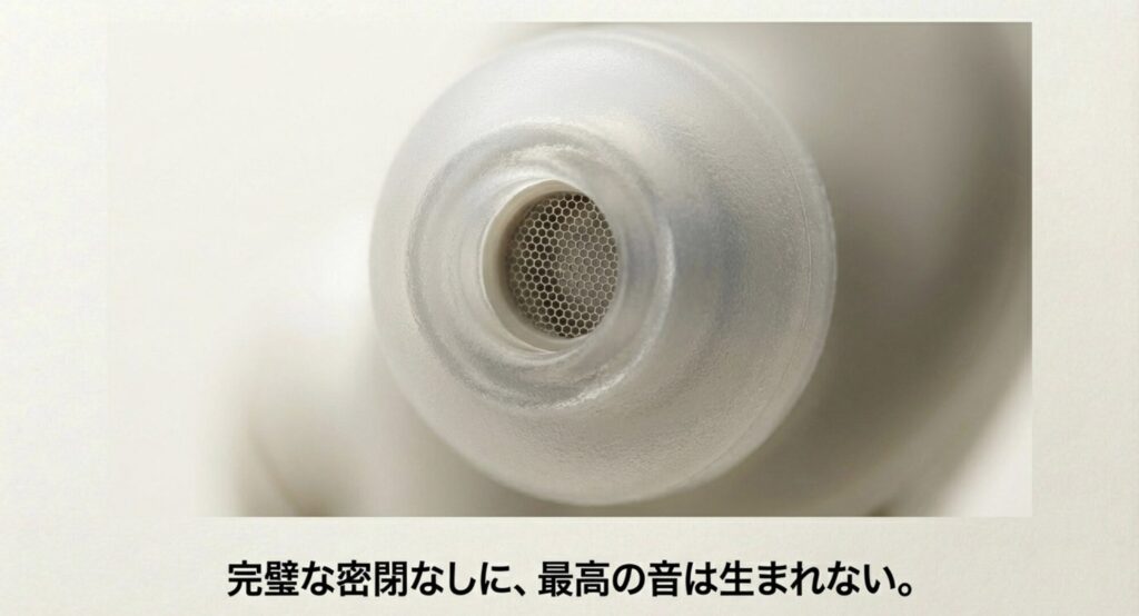 「完璧な密閉なしに、最高の音は生まれない」という、イヤーピースの重要性を説くメッセージスライド