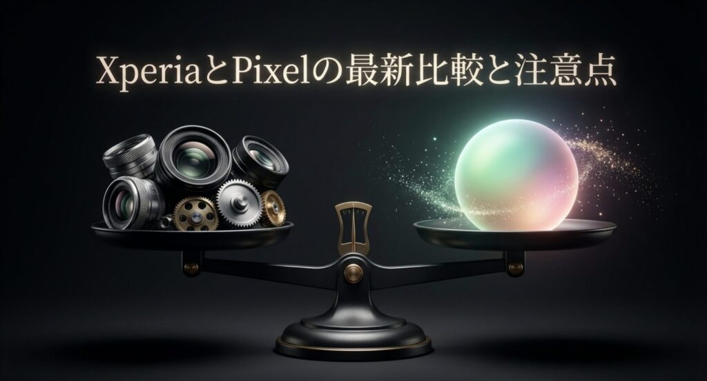 XperiaとPixelのカメラレンズや機械部品の違いを比較するイメージ