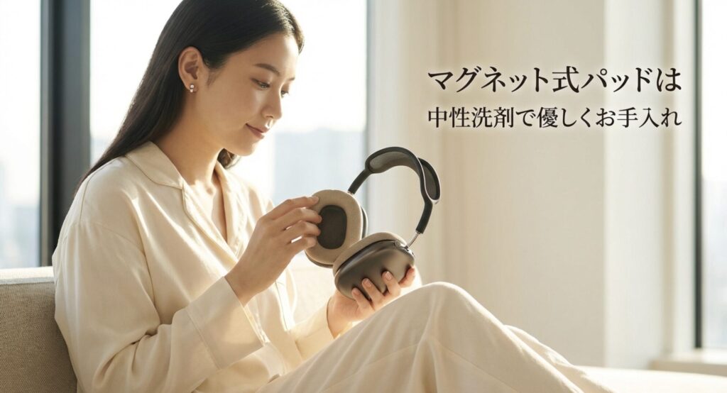 マグネット式イヤーパッドを中性洗剤で優しくお手入れする方法を解説するスライド。