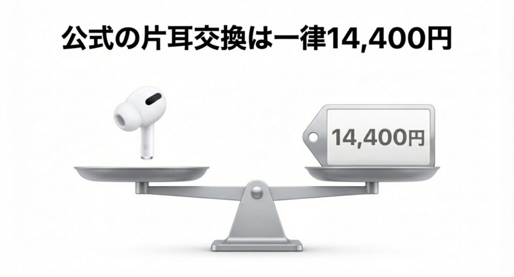 天秤の片方にAirPodsの片耳、もう片方に14400円の値札が乗っており、公式の交換料金が割高であることを示す画像
