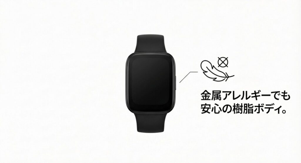 肌への優しさを表す羽のアイコンと、金属アレルギーでも安心な樹脂ボディを説明するスライド