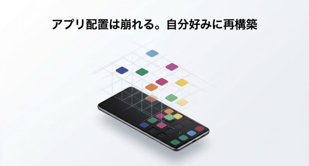 データ移行後、OSの違いによりホーム画面のアプリ配置が崩れるため再構築が必要なことを示す図