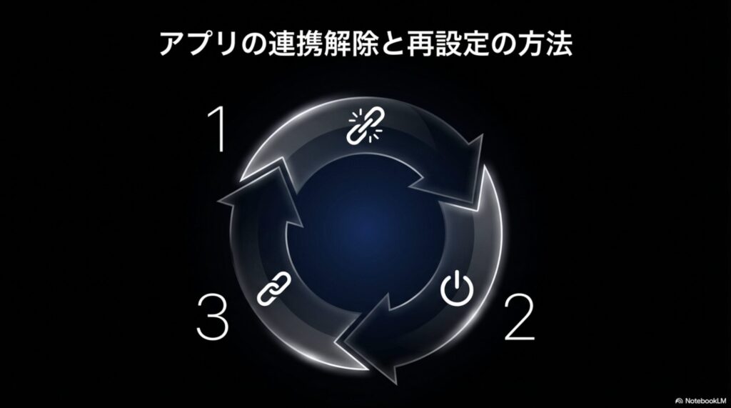 連携解除、端末の再起動、再設定という不具合解消のための3ステップを図式化したサイクル画像
